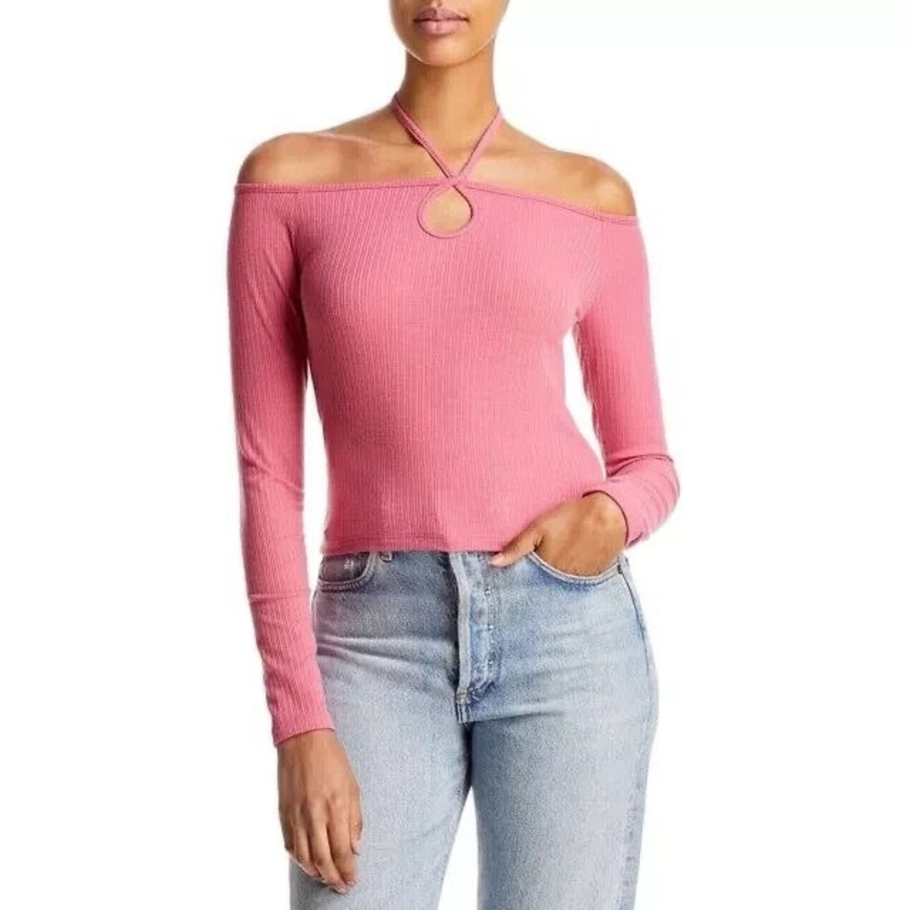 NEW Aqua Pink Ribbed Off The Shoulders Long Sleeve Cropped Top Small S MSRP $58